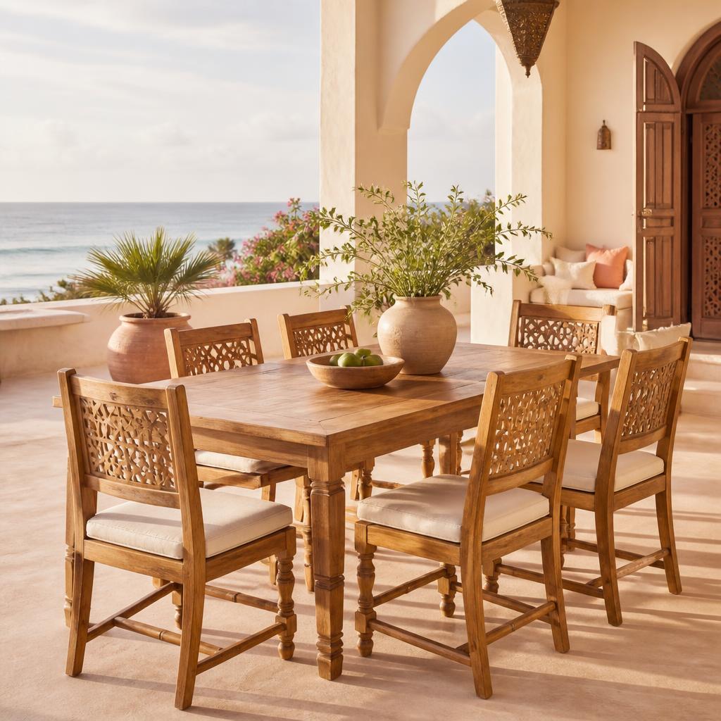 Handcrafted Zanzibari teak dining set on a coastal villa terrace