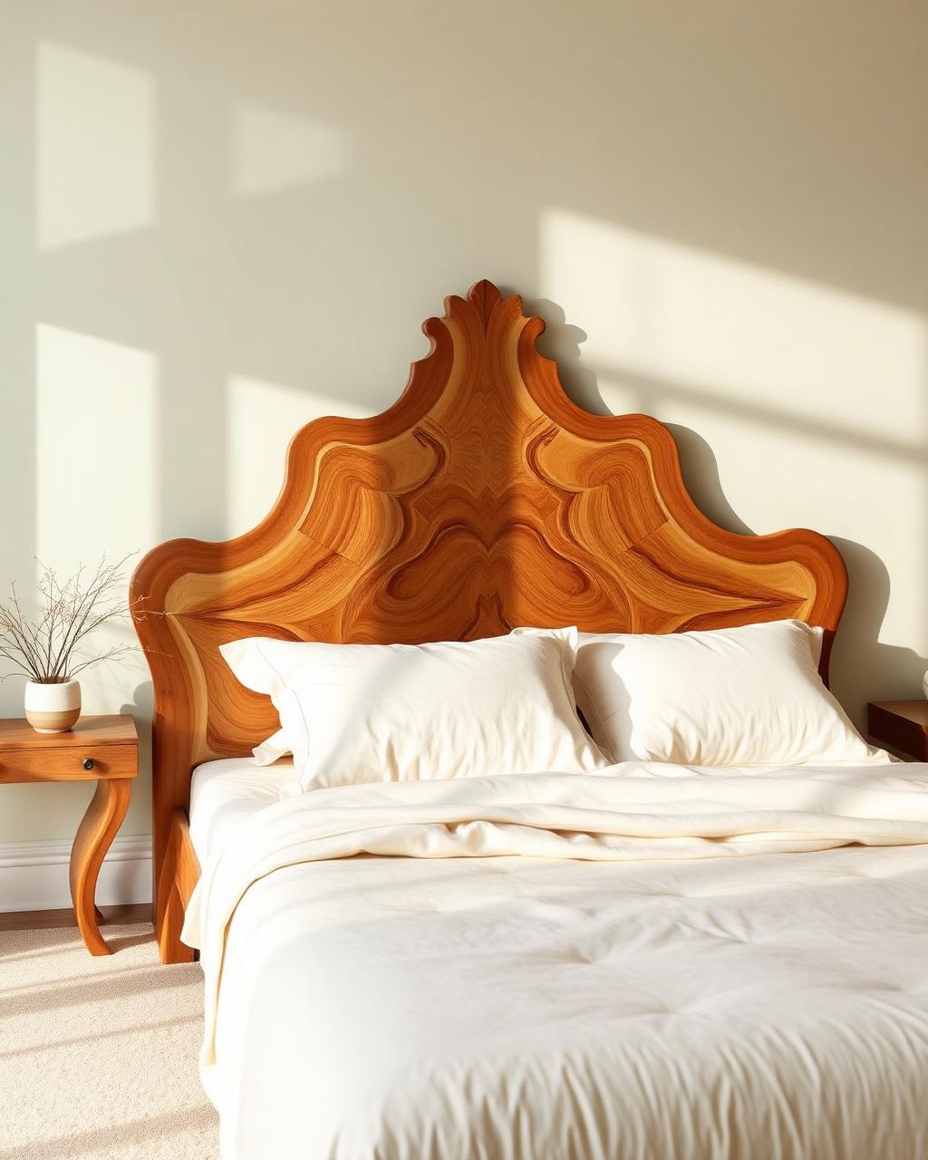 Handcrafted solid Mninga wood king bed with carved headboard in Zanzibar